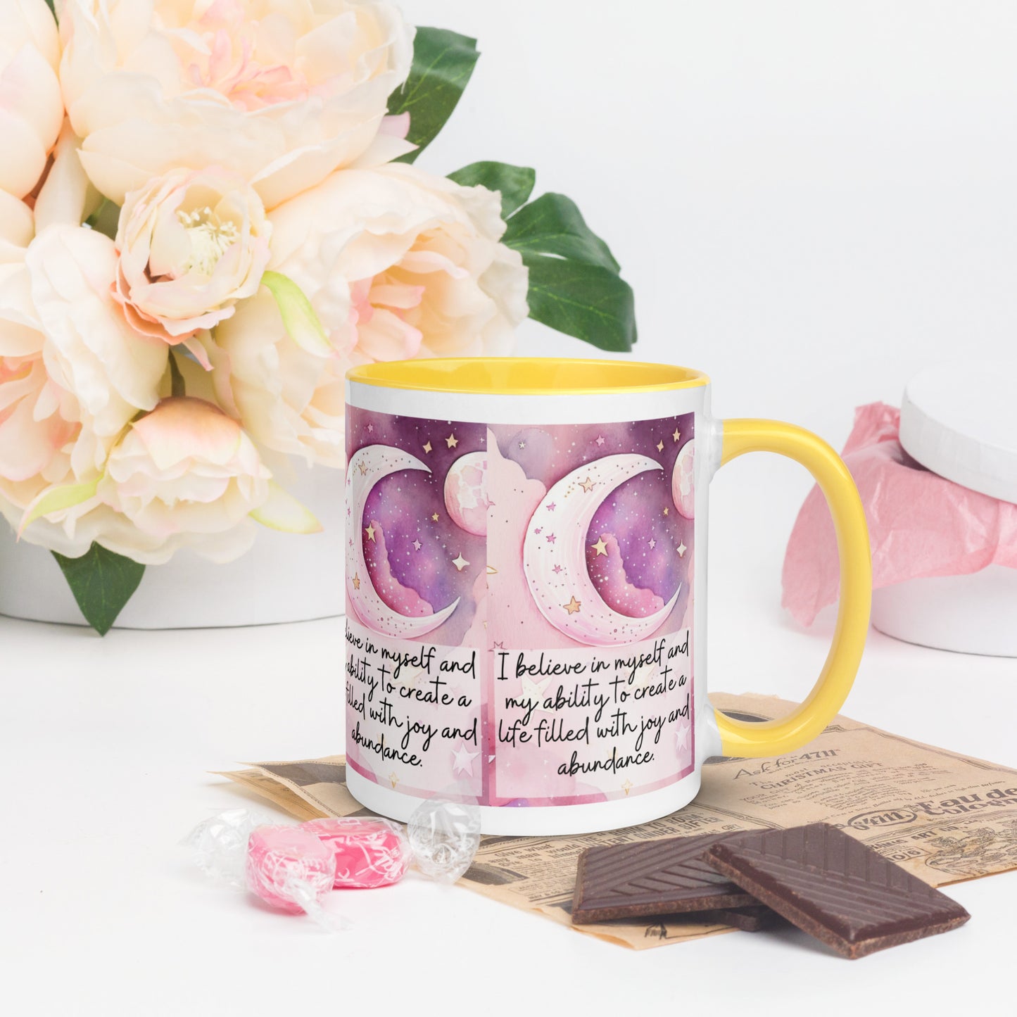 Positivity Affirmation Mug with Color Inside, I believe in myself and my ability’ to create a life filled with joy and abundance, pink moon, stars, night sky