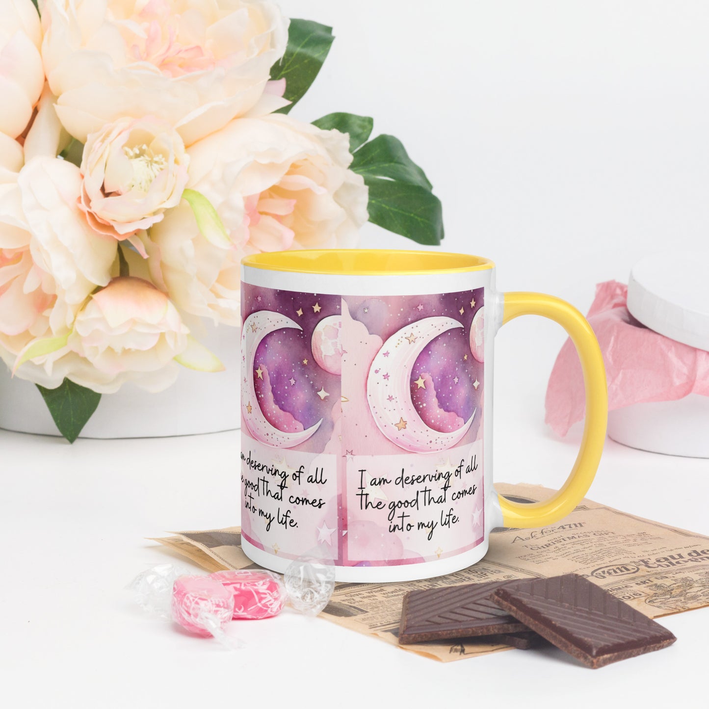 Positivity Affirmation Mug with Color Inside, I am deserving of all the good that comes into my life, pink moon, stars, night sky