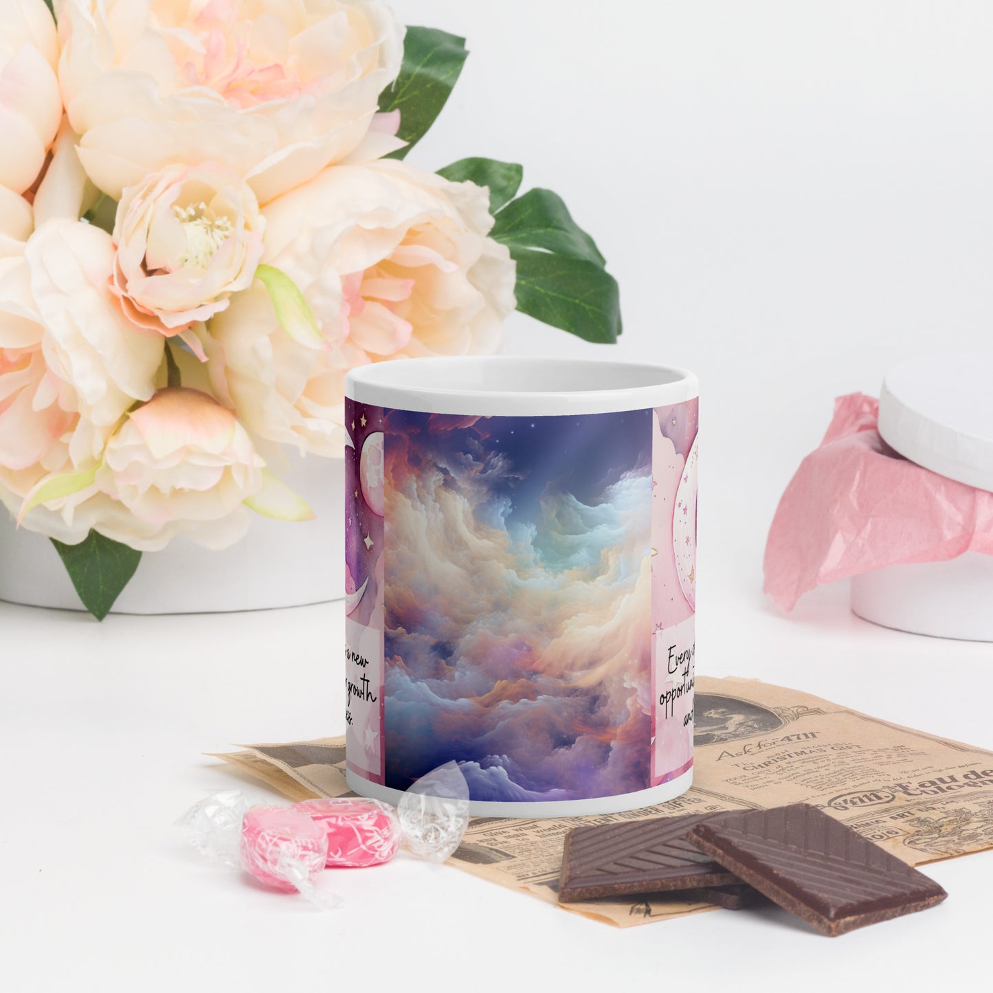 Positivity Affirmation White glossy mug, Everyday is a new opportunity for growth and success, pink moon, stars, night sky, 11oz