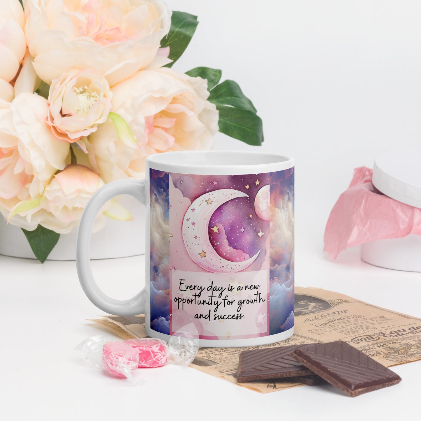 Positivity Affirmation White glossy mug, Everyday is a new opportunity for growth and success, pink moon, stars, night sky, 11oz