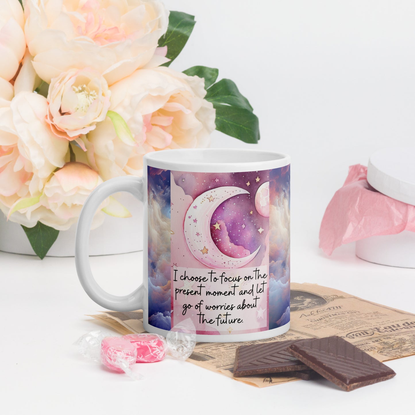 Positivity Affirmation White glossy mug, I radiate positivity and attract good things into my life, pink moon, stars, night sky, 11oz