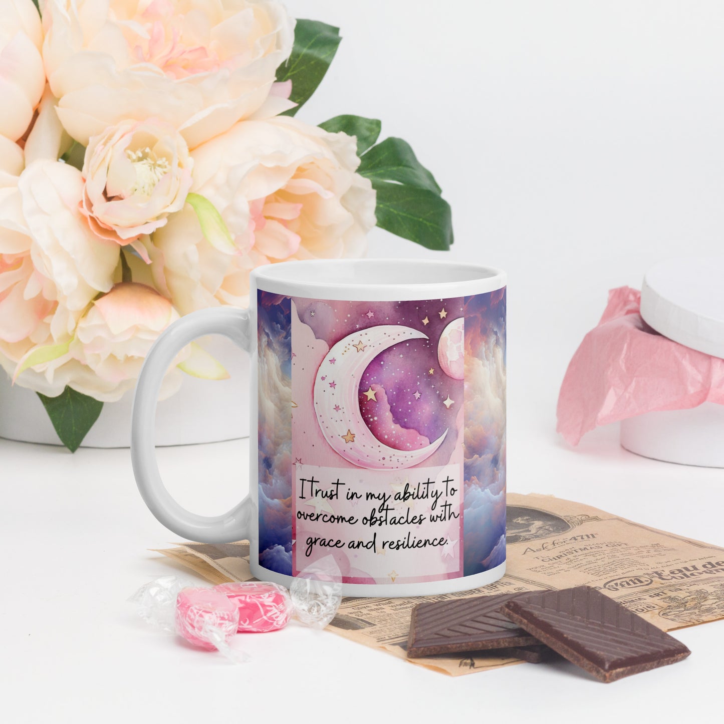 Positivity Affirmation White glossy mug, I trust in my ability to overcome obstacles with grace and resilience , pink moon, stars, night sky, 11oz