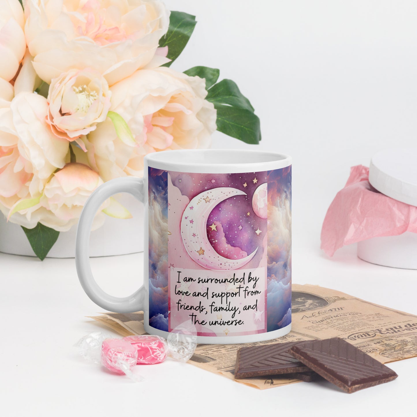 Positivity Affirmation White glossy mug, I am surrounded by love and support from friends, family, and the universe, pink moon, stars, night sky, 11oz