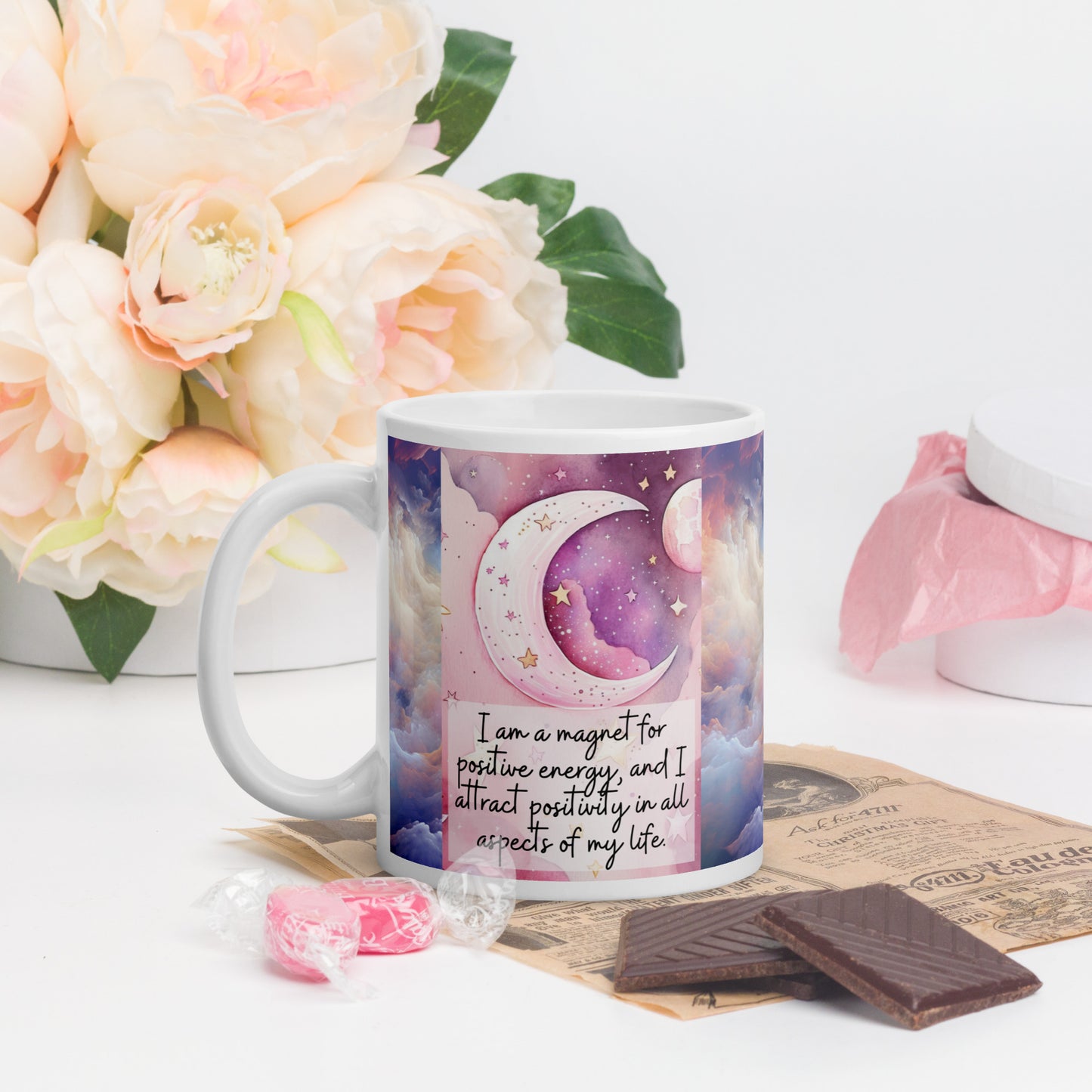 Positivity Affirmation White glossy mug,  I am a magnet for positive energy, and I attract positivity in all aspects of my life, pink moon, stars, night sky, 11oz