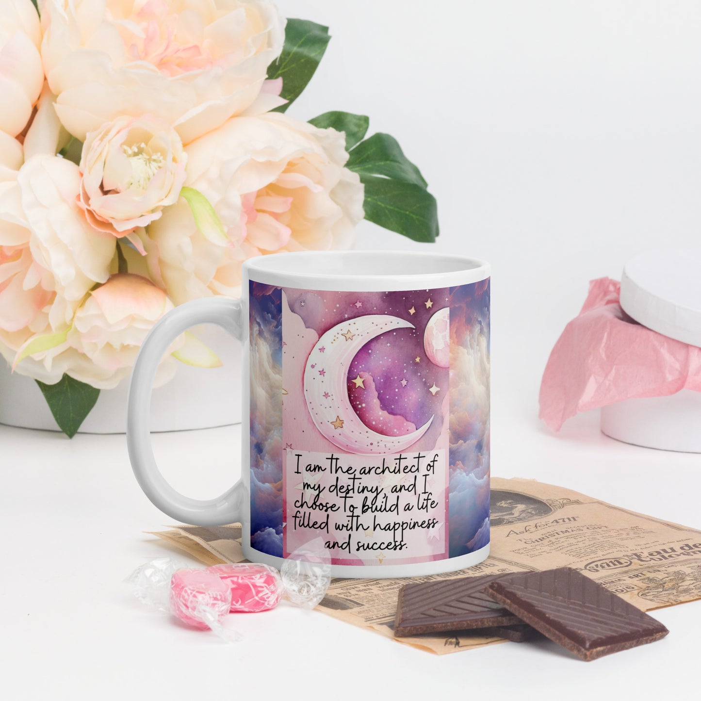 Positivity Affirmation White glossy mug, I am the architect of my destiny, and I choose to build a life filled with happiness and success, pink moon, stars, night sky, 11oz