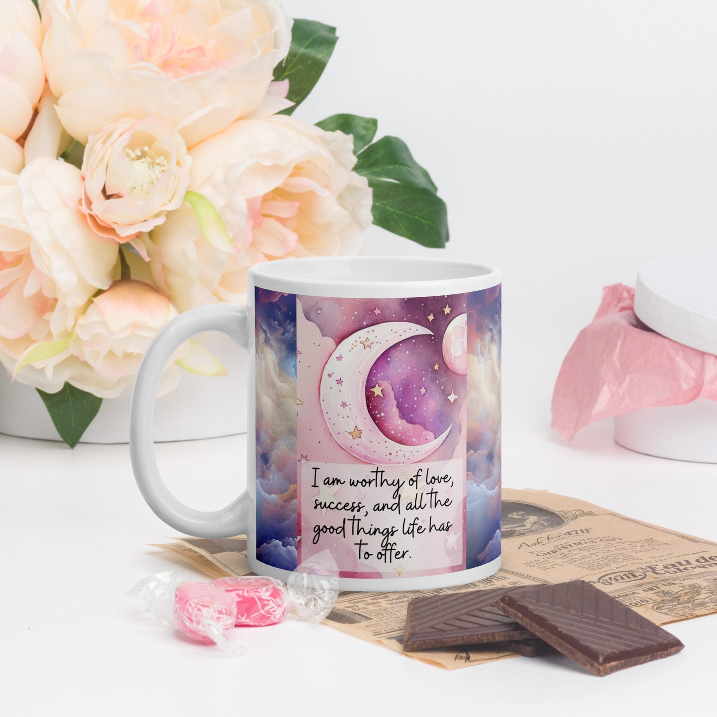 Positivity Affirmation White glossy mug, I am worthy of love, success and all the good things life has to offer, pink moon, stars, night sky, 11oz