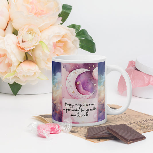 Positivity Affirmation White glossy mug, Everyday is a new opportunity for growth and success, pink moon, stars, night sky, 11oz