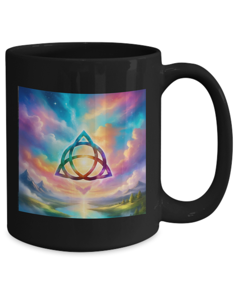 trquetra coffee mug, the power of three is part of me, 11oz, 15oz, colourful, bright, affirmation, empowered, sky, symbol, gift for charmed lovers