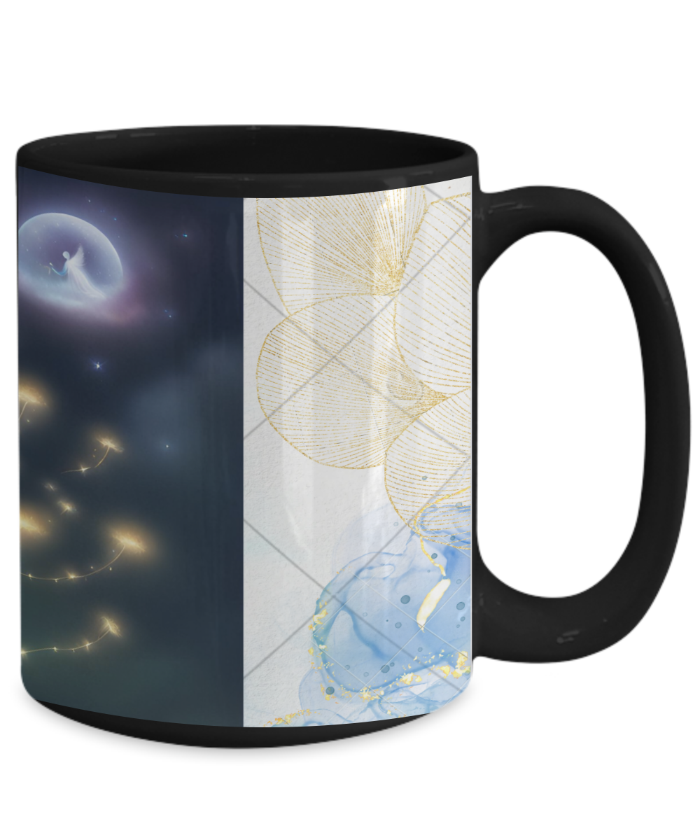 Full wrap mug, 11oz, 15oz, angel blowing on dandelion pod, making a wish