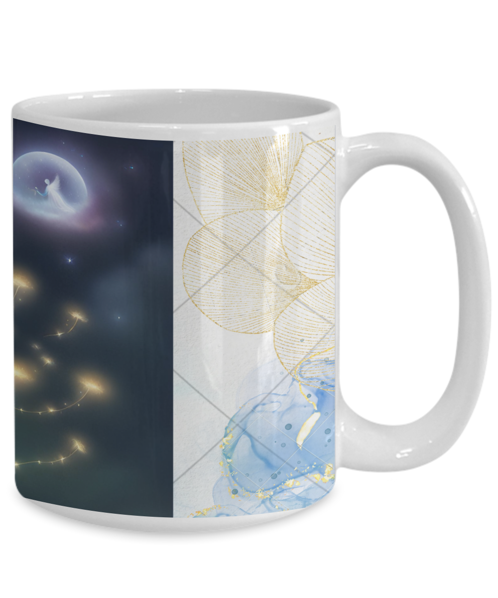 Full wrap mug, 11oz, 15oz, angel blowing on dandelion pod, making a wish