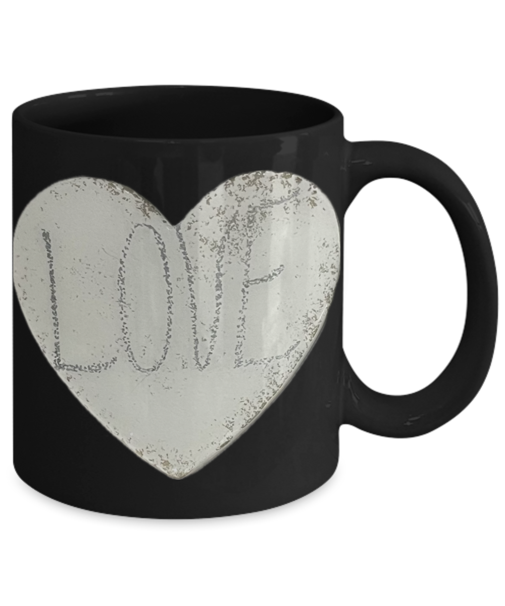 11oz love mug in black or white, stone look, love heart and text, gift for him or her, loved one