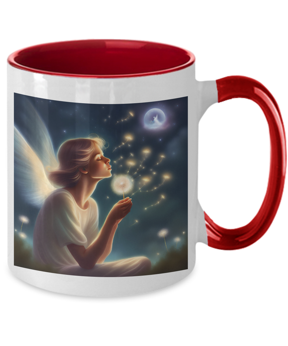 Angel dreaming and blowing on dandelion pod, mug, 11oz, gift