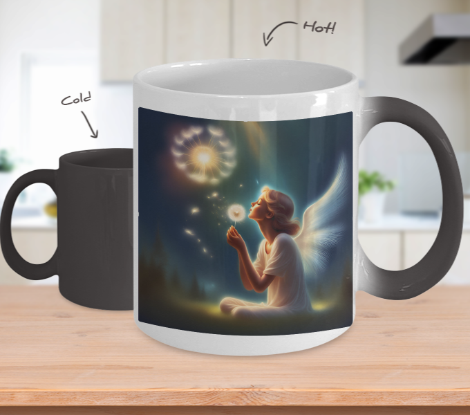 Colour changing mug, angel blowing a dandelion pod, making wishes, seeds of hopes and dreams, gift