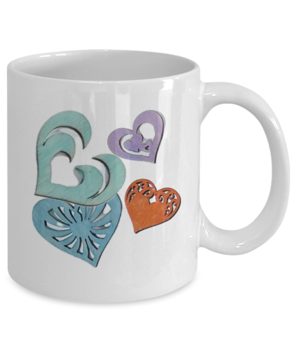 11oz, 15oz coffee mug with message, love in every shape and shade sings your name to my heart, wooden gluey hearts image, appears handmade