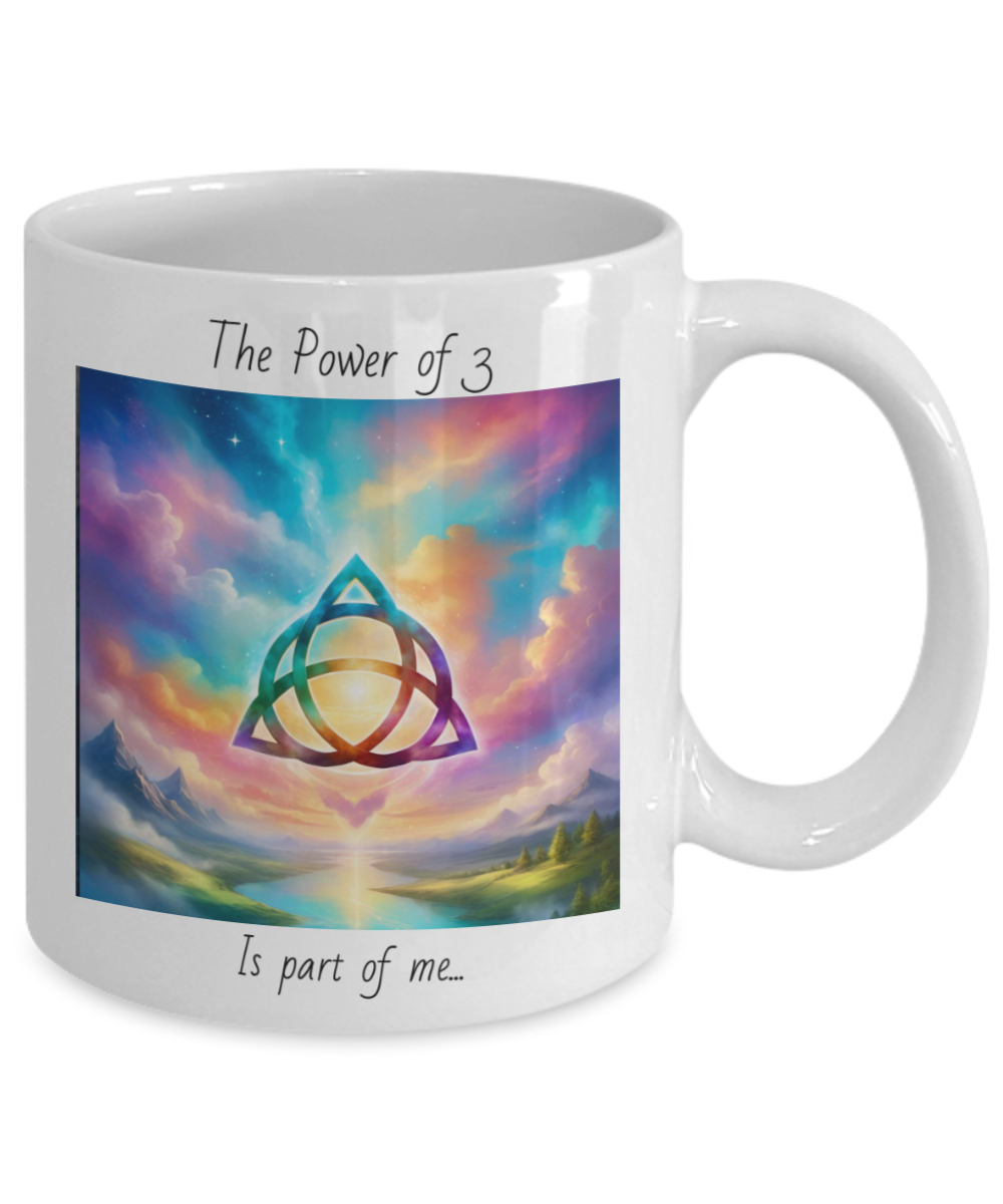 trquetra coffee mug, the power of three is part of me, 11oz, 15oz, colourful, bright, affirmation, empowered, sky, symbol, gift for charmed lovers