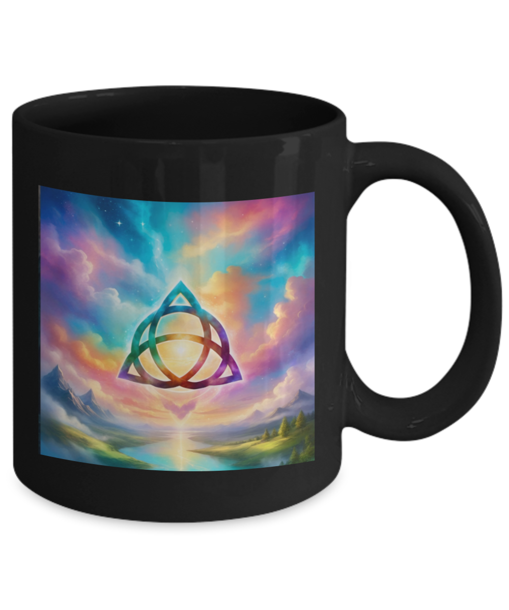 trquetra coffee mug, the power of three is part of me, 11oz, 15oz, colourful, bright, affirmation, empowered, sky, symbol, gift for charmed lovers