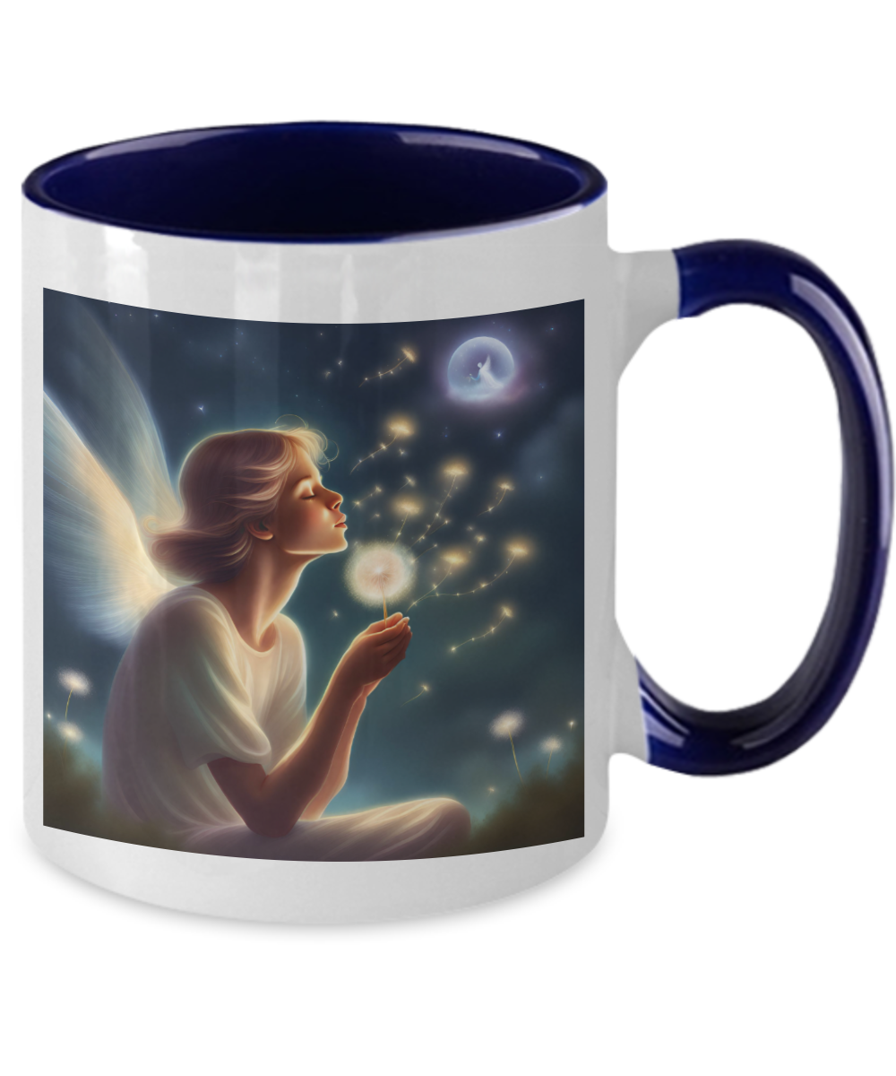 Angel dreaming and blowing on dandelion pod, mug, 11oz, gift