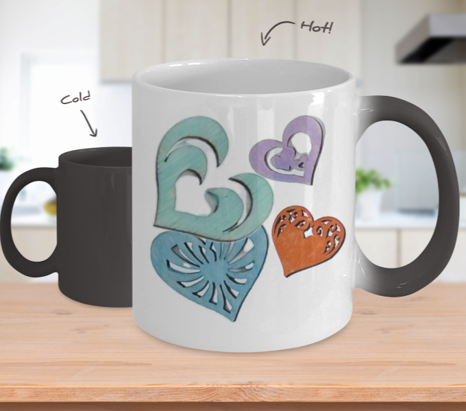 color changing mug, 11oz coffee cup, reveal love message, colourful, Love in every shape and shade sings your name to my heart