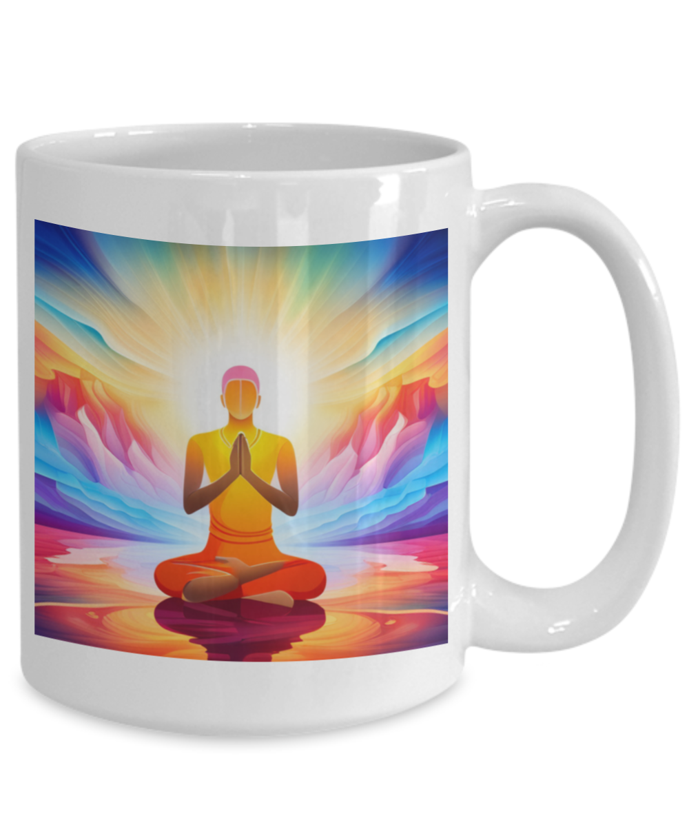 heaven on earth mug, large text and bright fantasy image of man in prayer hands and bright aura, 11oz, 15 oz mug, coffee cup, gift for spiritual male, female