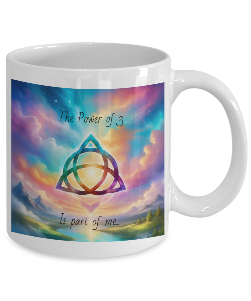 The power of 3 is part of me mug, 11oz, 15oz, black, white, colourful, affirmation, empowering, triquetra symbol, gift for charmed lovers