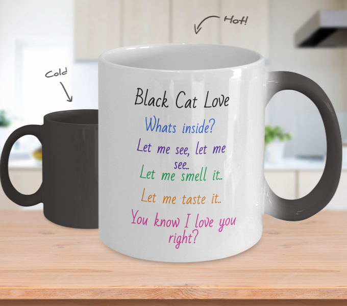 Colour changing black cat image coffee cup, mug, curious cat, wants to smell, taste and see the coffee, gift for cat lovers, cat parents, cat momma, cat pappa