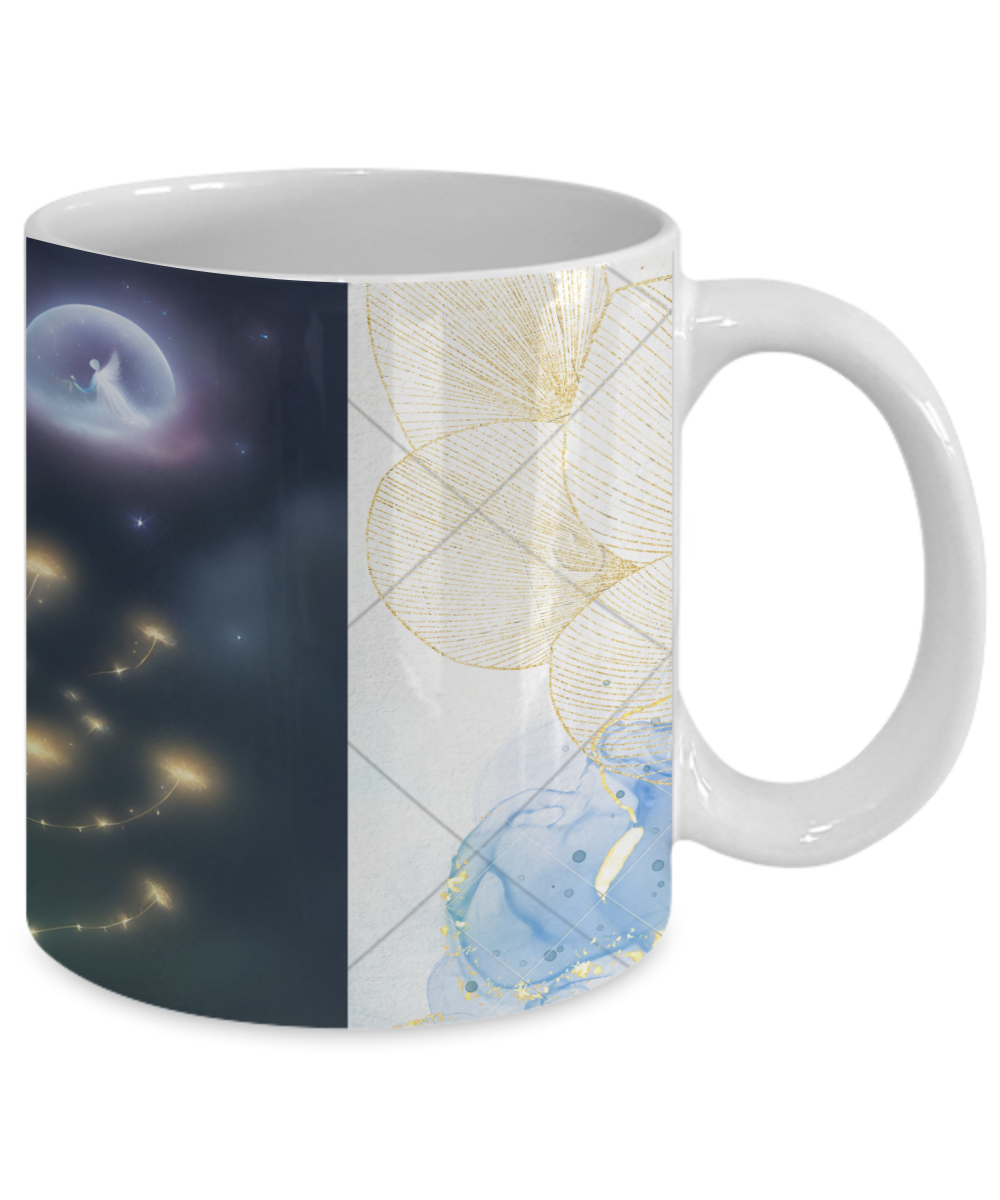 Full wrap mug, 11oz, 15oz, angel blowing on dandelion pod, making a wish