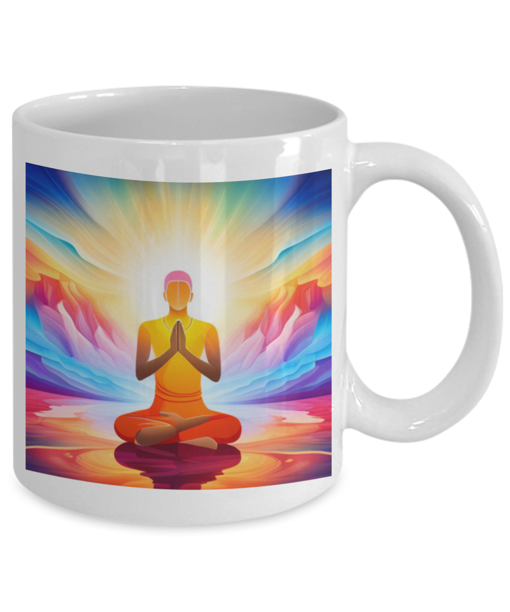 heaven on earth mug, large text and bright fantasy image of man in prayer hands and bright aura, 11oz, 15 oz mug, coffee cup, gift for spiritual male, female