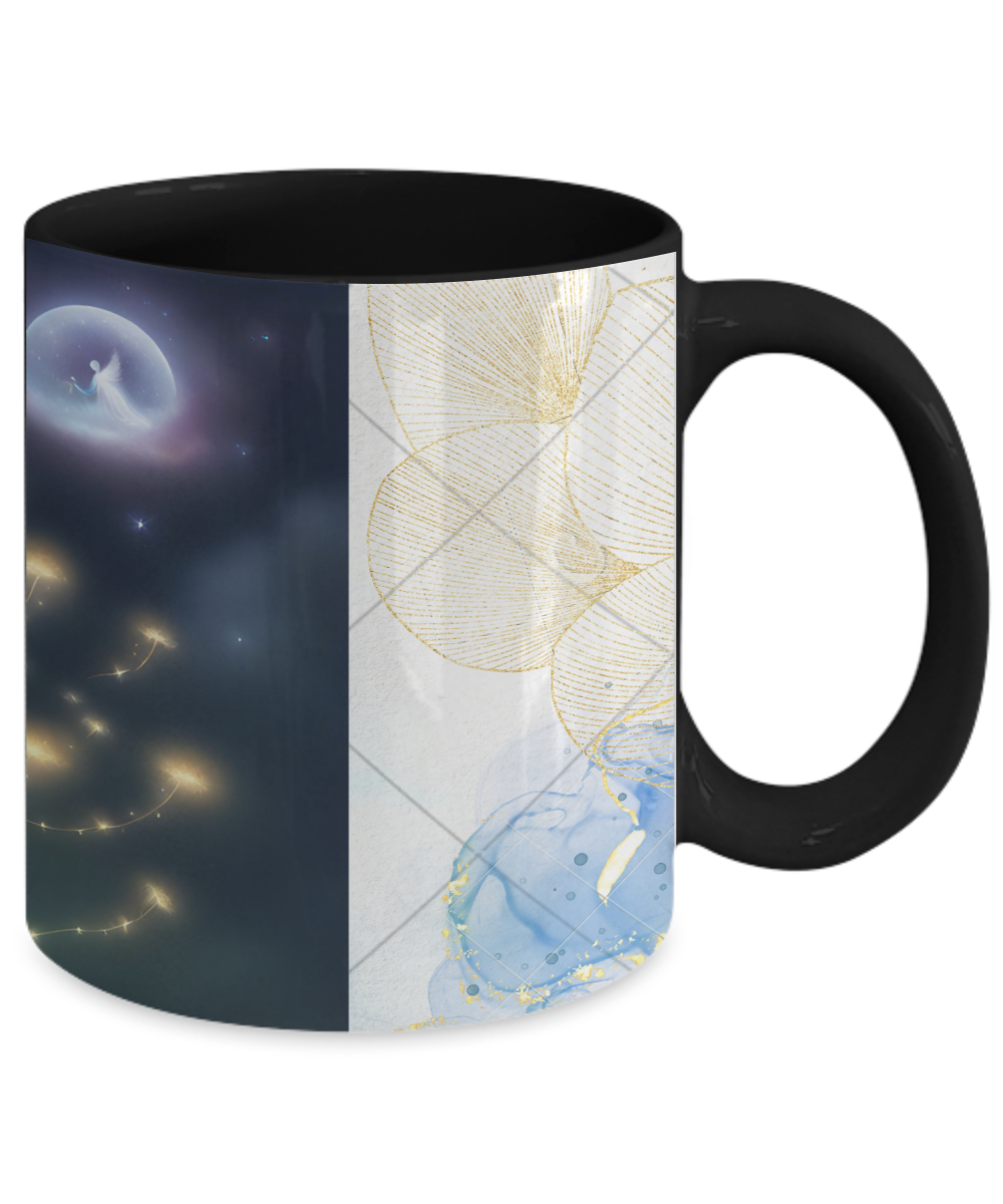 Full wrap mug, 11oz, 15oz, angel blowing on dandelion pod, making a wish