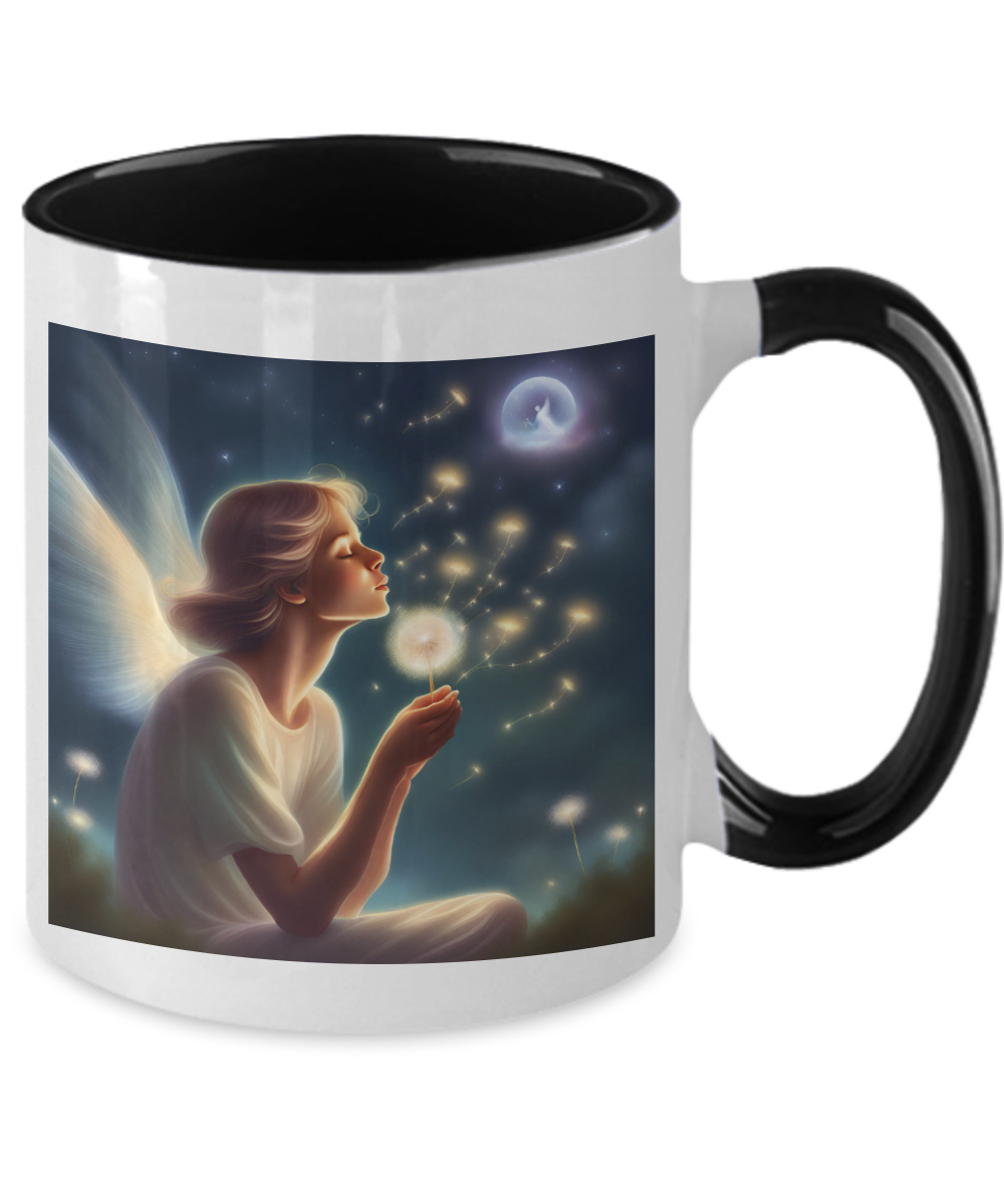 Angel dreaming and blowing on dandelion pod, mug, 11oz, gift