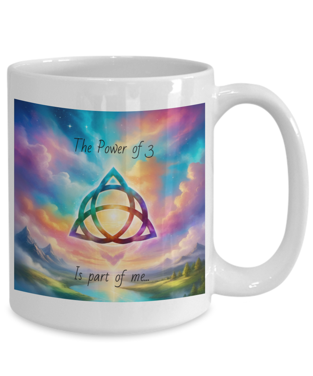 The power of 3 is part of me mug, 11oz, 15oz, black, white, colourful, affirmation, empowering, triquetra symbol, gift for charmed lovers