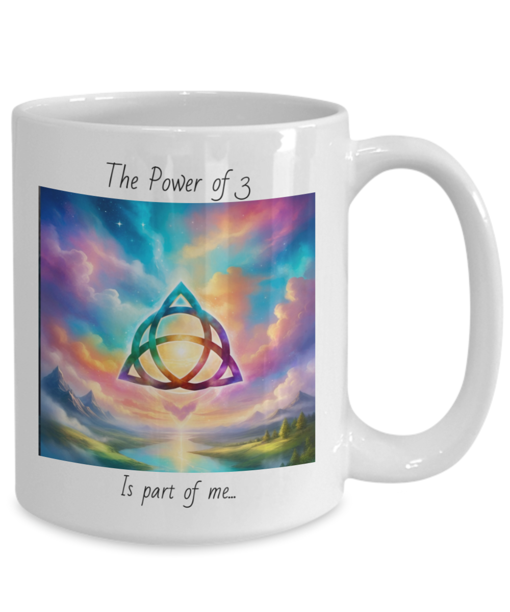 trquetra coffee mug, the power of three is part of me, 11oz, 15oz, colourful, bright, affirmation, empowered, sky, symbol, gift for charmed lovers