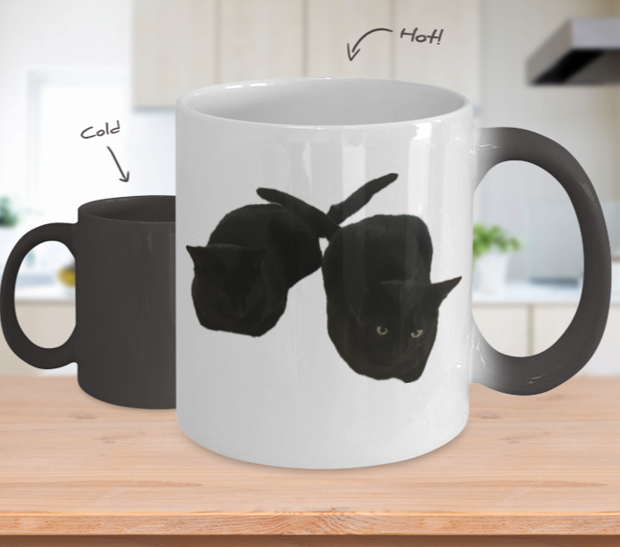 Colour changing black cat 11oz mug, 2 images, black cat squatting and another image of two black cats squatting together, gift for cat lover, cat parent