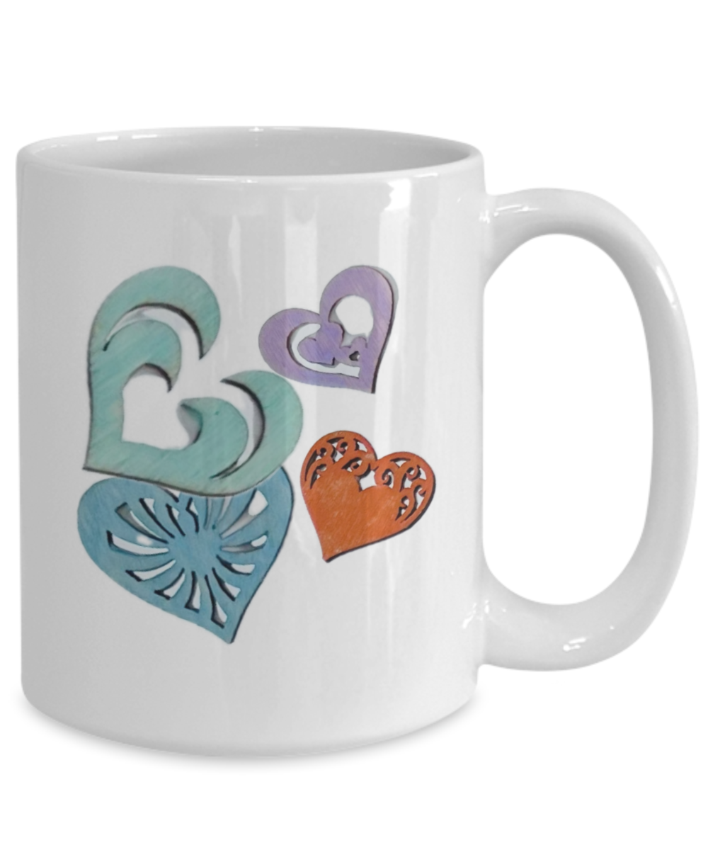 11oz, 15oz coffee mug with message, love in every shape and shade sings your name to my heart, wooden gluey hearts image, appears handmade