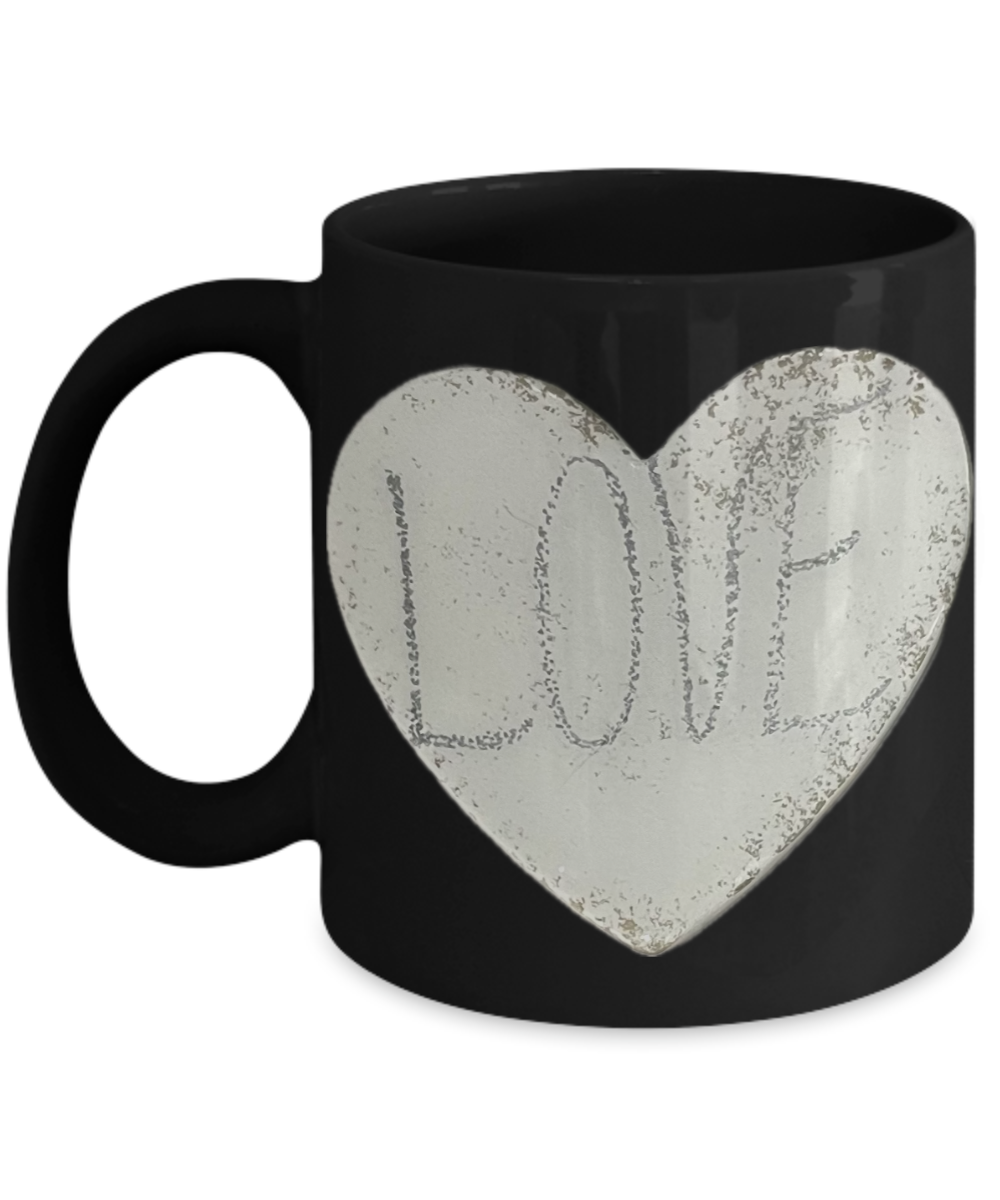 11oz love mug in black or white, stone look, love heart and text, gift for him or her, loved one