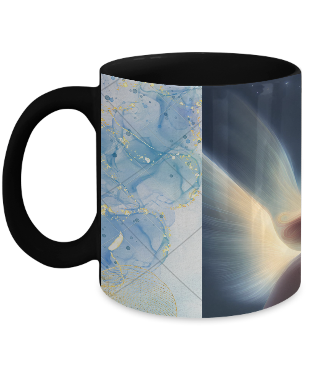 Full wrap mug, 11oz, 15oz, angel blowing on dandelion pod, making a wish