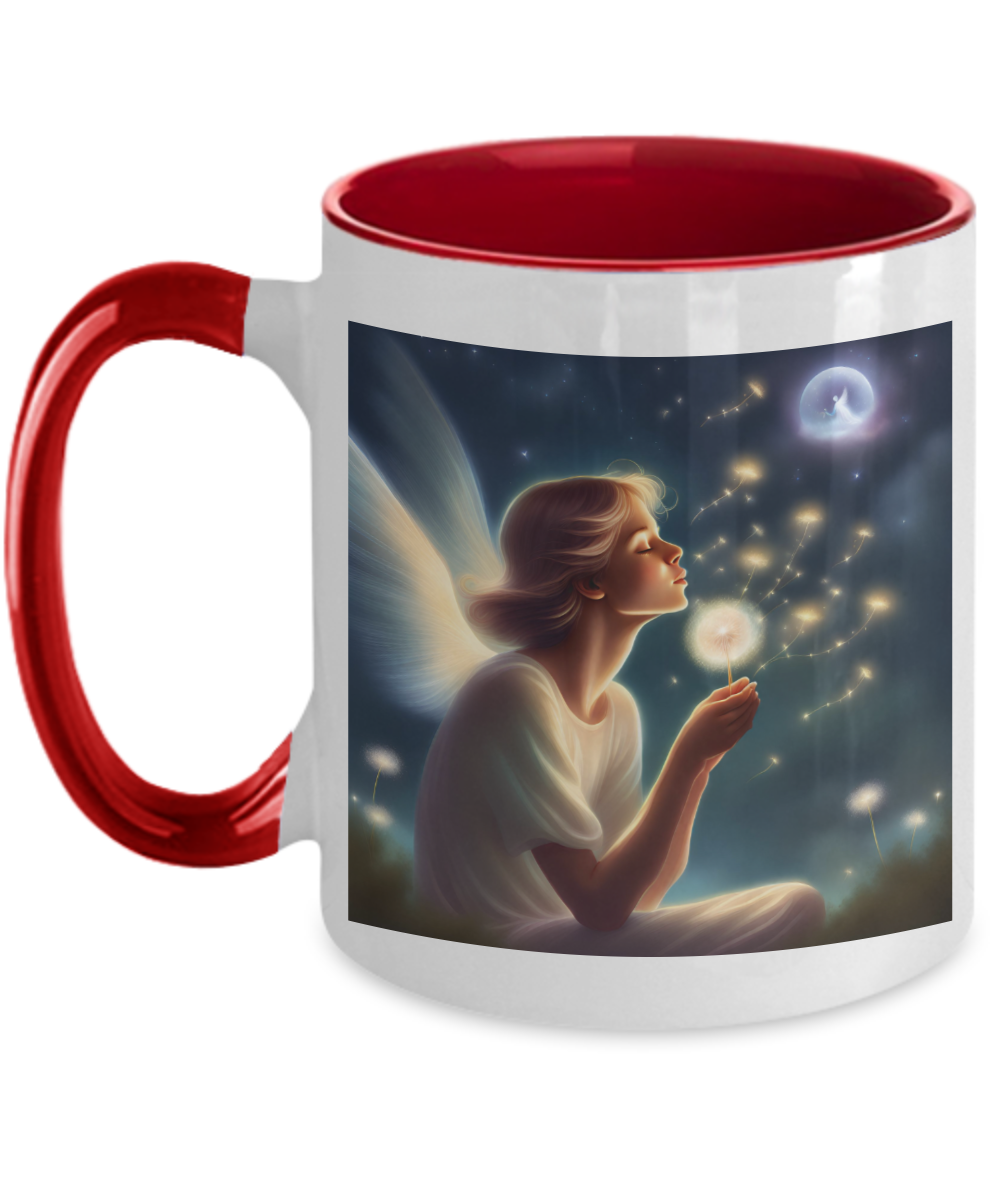 Angel dreaming and blowing on dandelion pod, mug, 11oz, gift