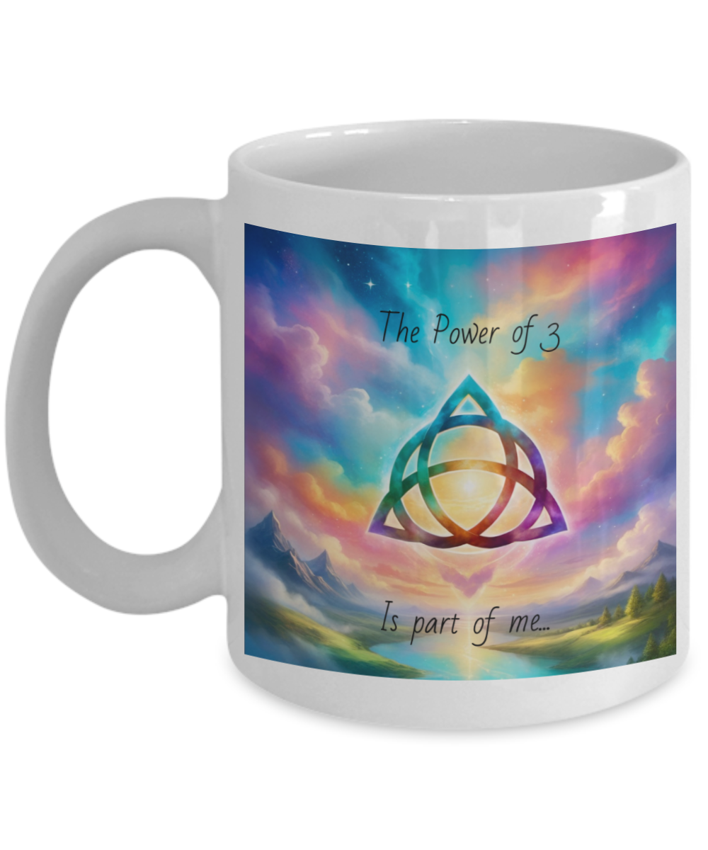 The power of 3 is part of me mug, 11oz, 15oz, black, white, colourful, affirmation, empowering, triquetra symbol, gift for charmed lovers