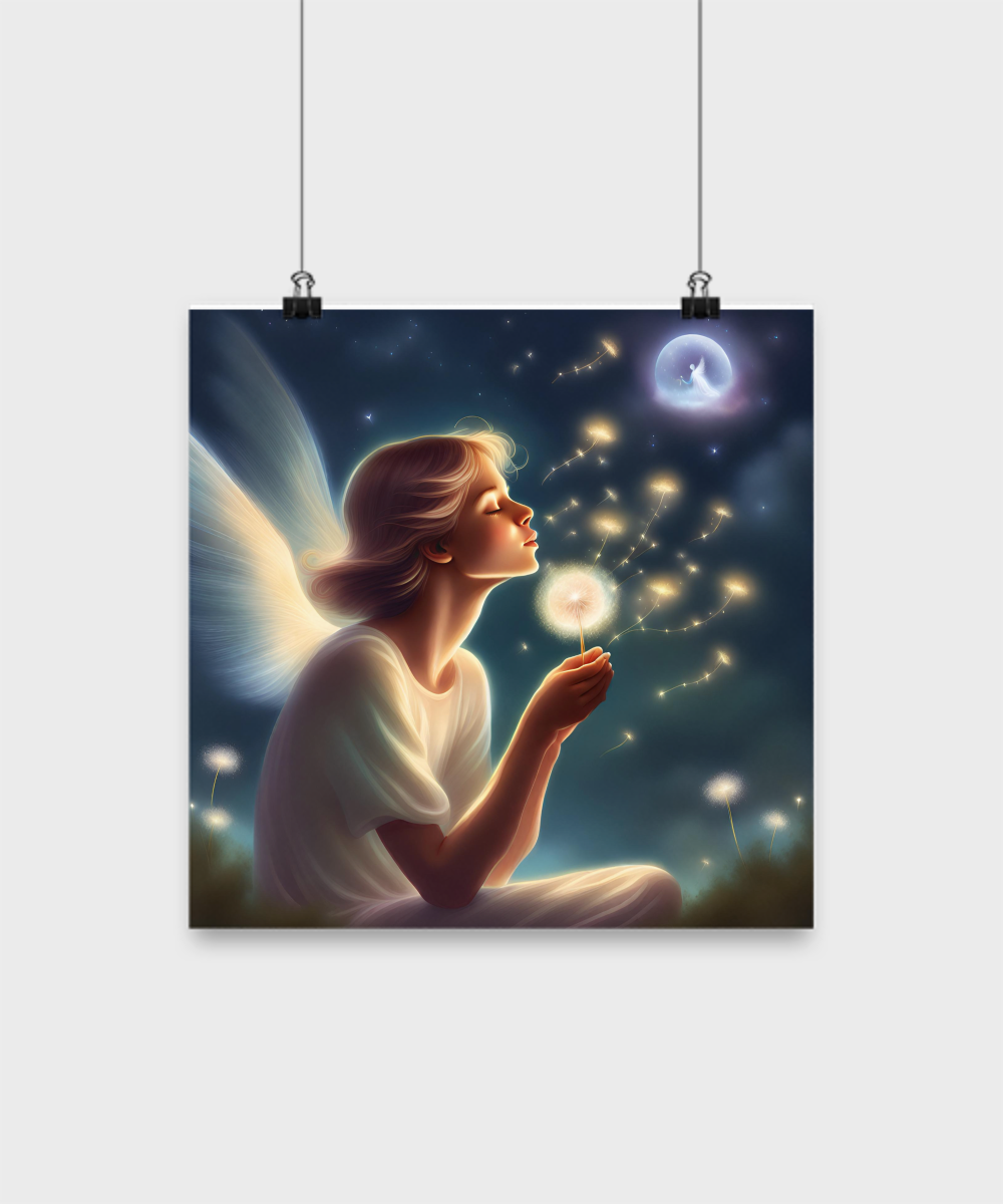 Poster of an angel blowing a dandelion pod, various sizes, dark blue and white