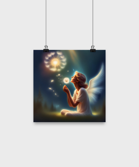 Poster of angel blowing a dandelion pod, dark blue with white, fantasy, wishes, dreams