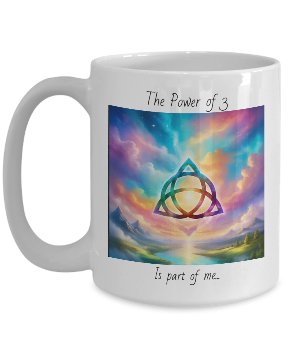 trquetra coffee mug, the power of three is part of me, 11oz, 15oz, colourful, bright, affirmation, empowered, sky, symbol, gift for charmed lovers