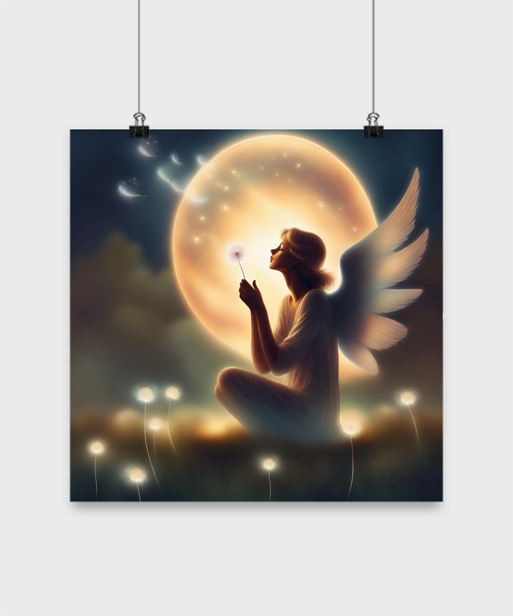 Poster of an angel blowing a dandelion pod, moon, seeds take flight,various sizes, dark blue and white