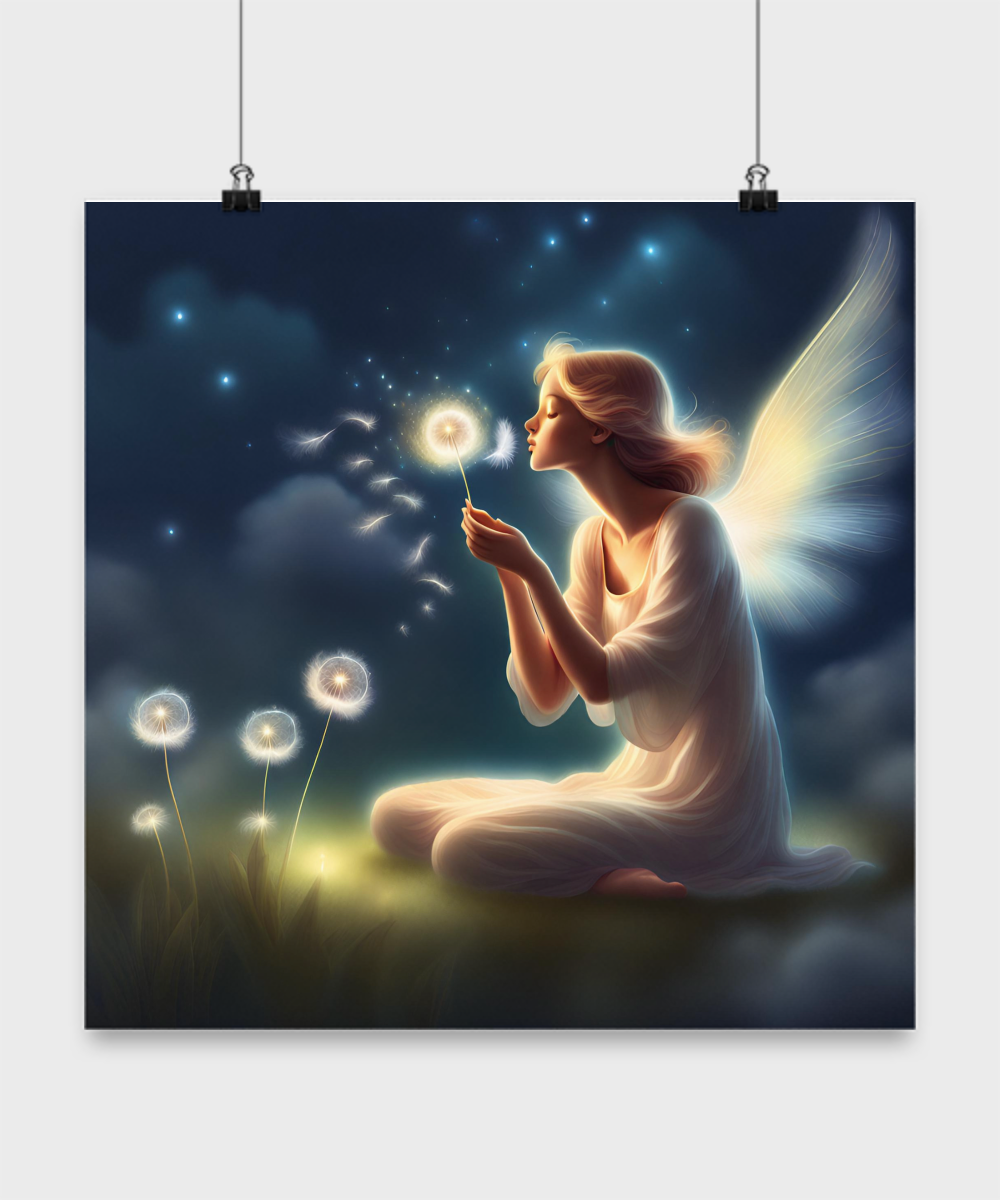 Poster of an angel blowing a dandelion pods, dandelion seeds take flight, dark blue and white, fantasy