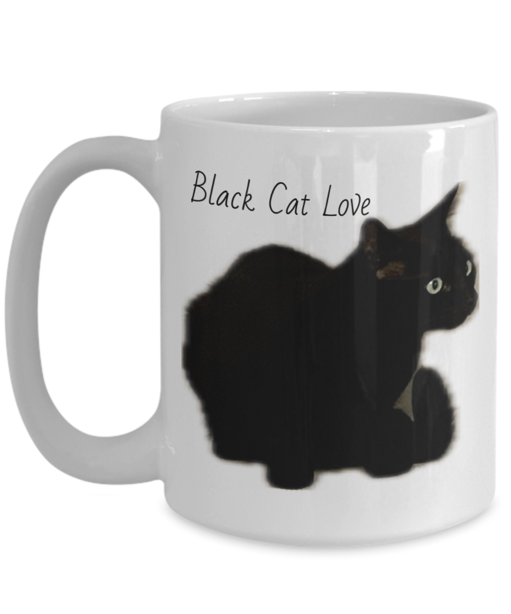 Black cat of the family, 11oz  or 15oz coffee mug, black cat love, black cat squatting, text and image on back of comfortable cat "I am the black cat of the family, I make myself comfortable in all the awkward places