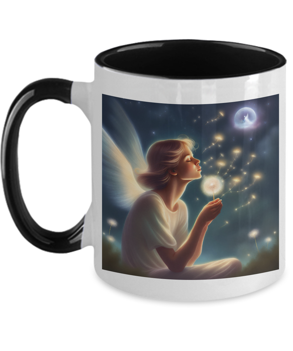 Angel dreaming and blowing on dandelion pod, mug, 11oz, gift