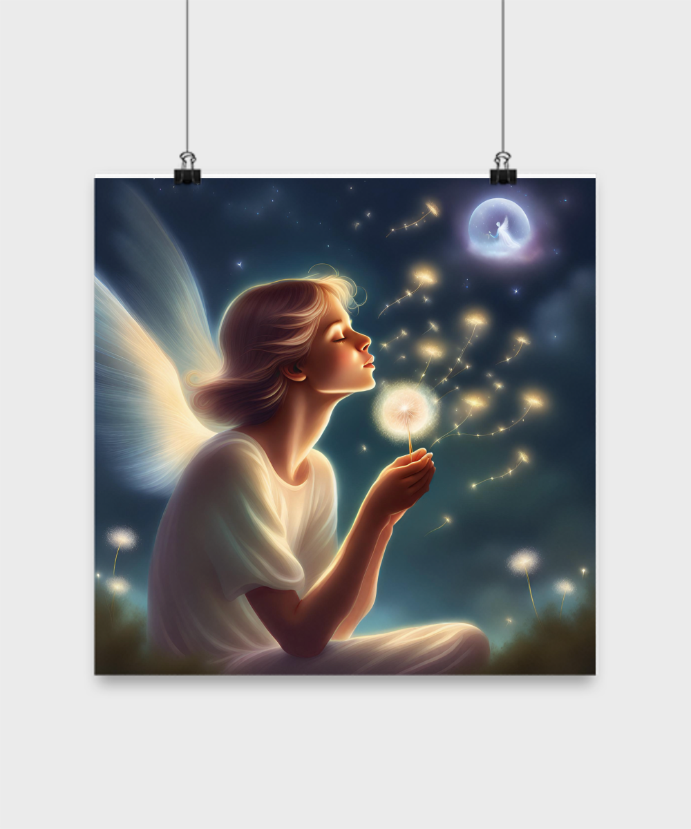 Poster of an angel blowing a dandelion pod, various sizes, dark blue and white