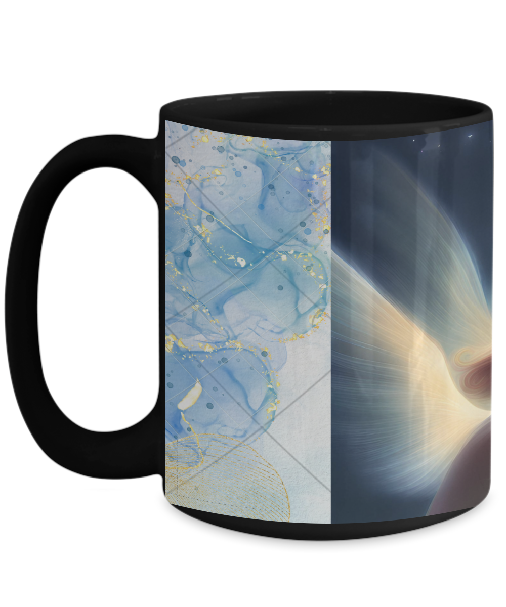 Full wrap mug, 11oz, 15oz, angel blowing on dandelion pod, making a wish