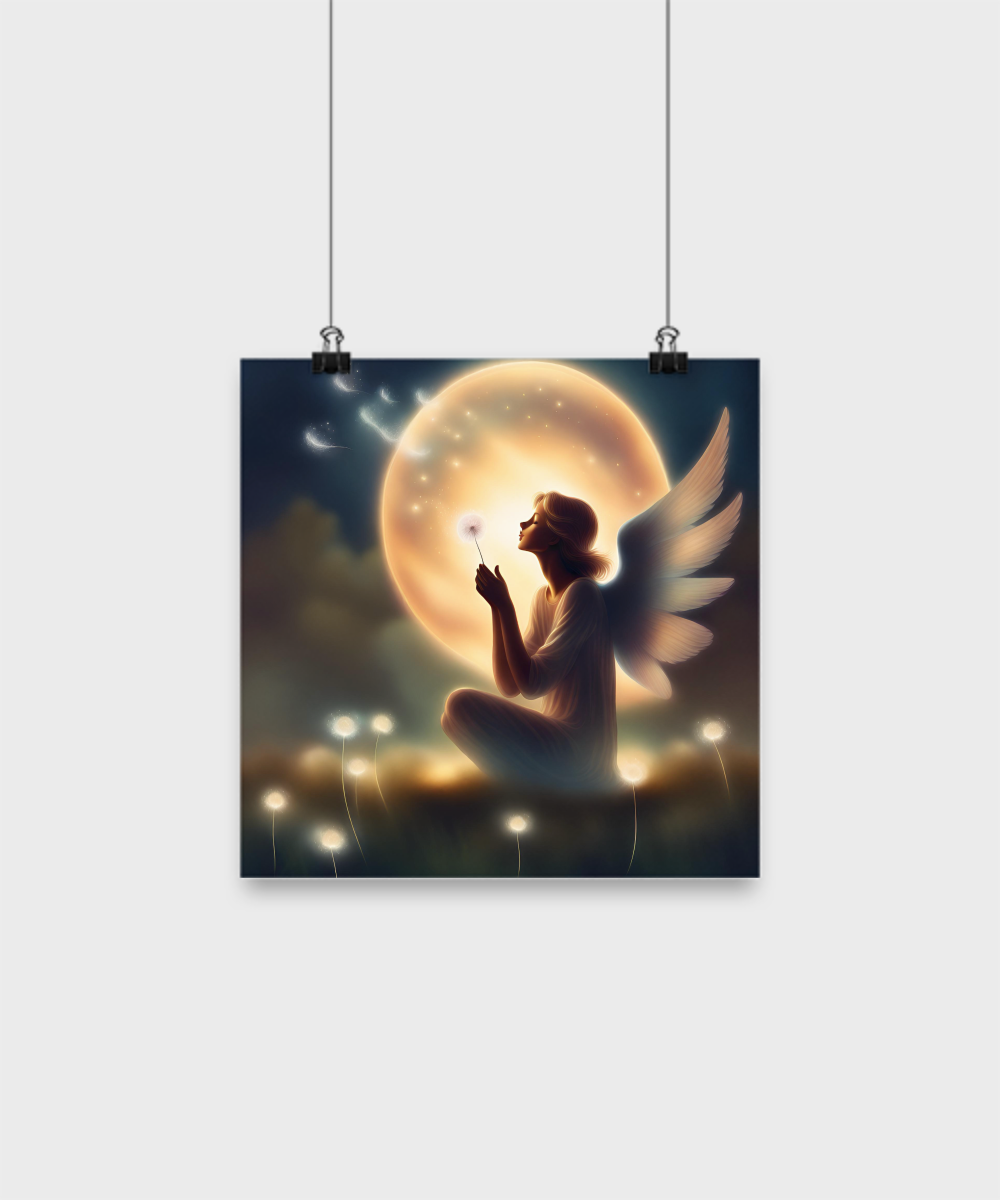 Poster of an angel blowing a dandelion pod, moon, seeds take flight,various sizes, dark blue and white