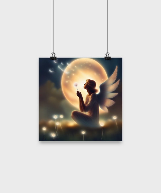 Poster of an angel blowing a dandelion pod, moon, seeds take flight,various sizes, dark blue and white