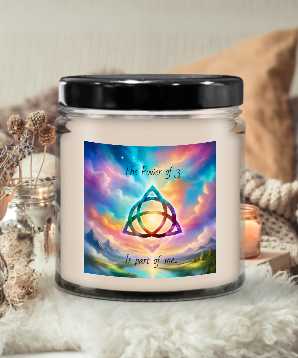 The power of 3 is part of me candle, vanilla scented, soy wax, container candle, spiritual, triquetra symbol, affirmation