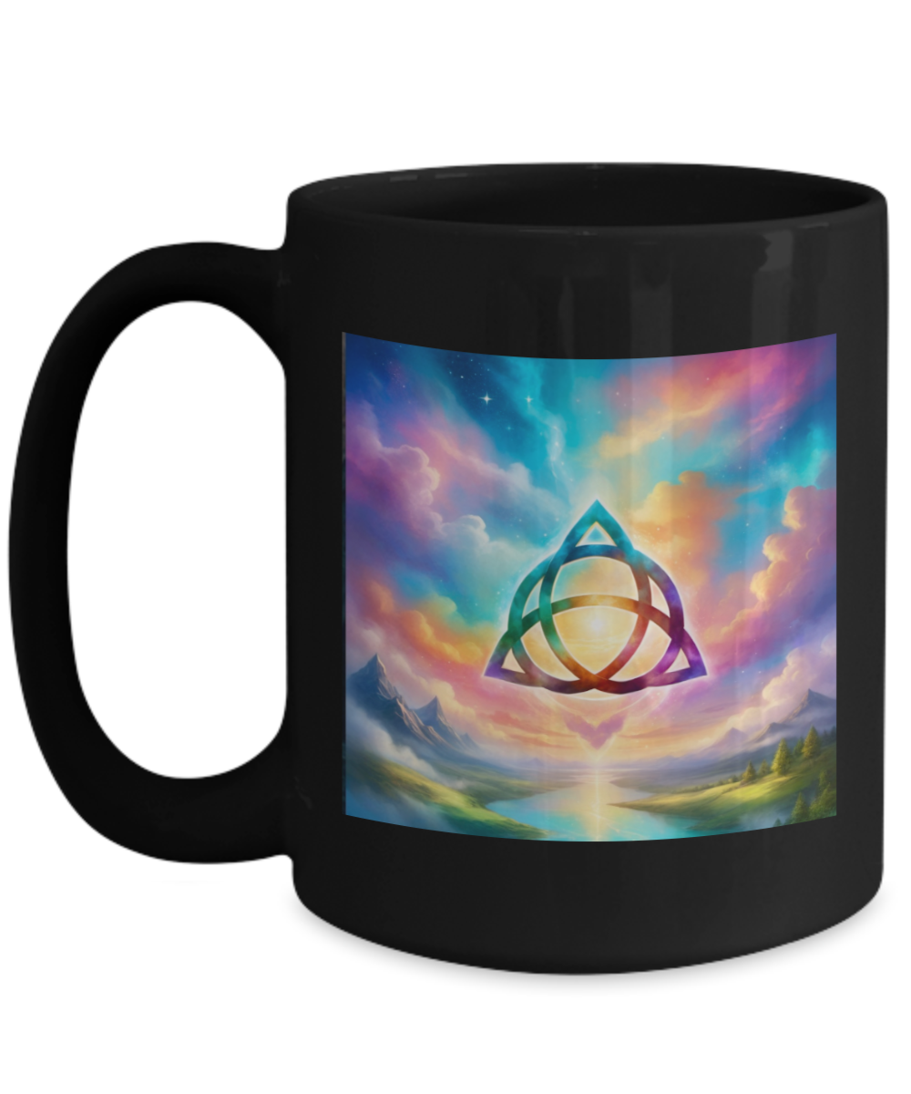 trquetra coffee mug, the power of three is part of me, 11oz, 15oz, colourful, bright, affirmation, empowered, sky, symbol, gift for charmed lovers